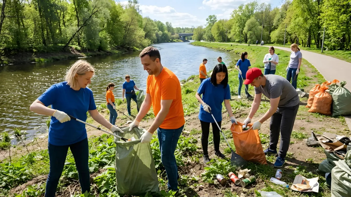 Group of volunteers cleaning up litter along a riverbank in a sunny park with trash bags and tools.