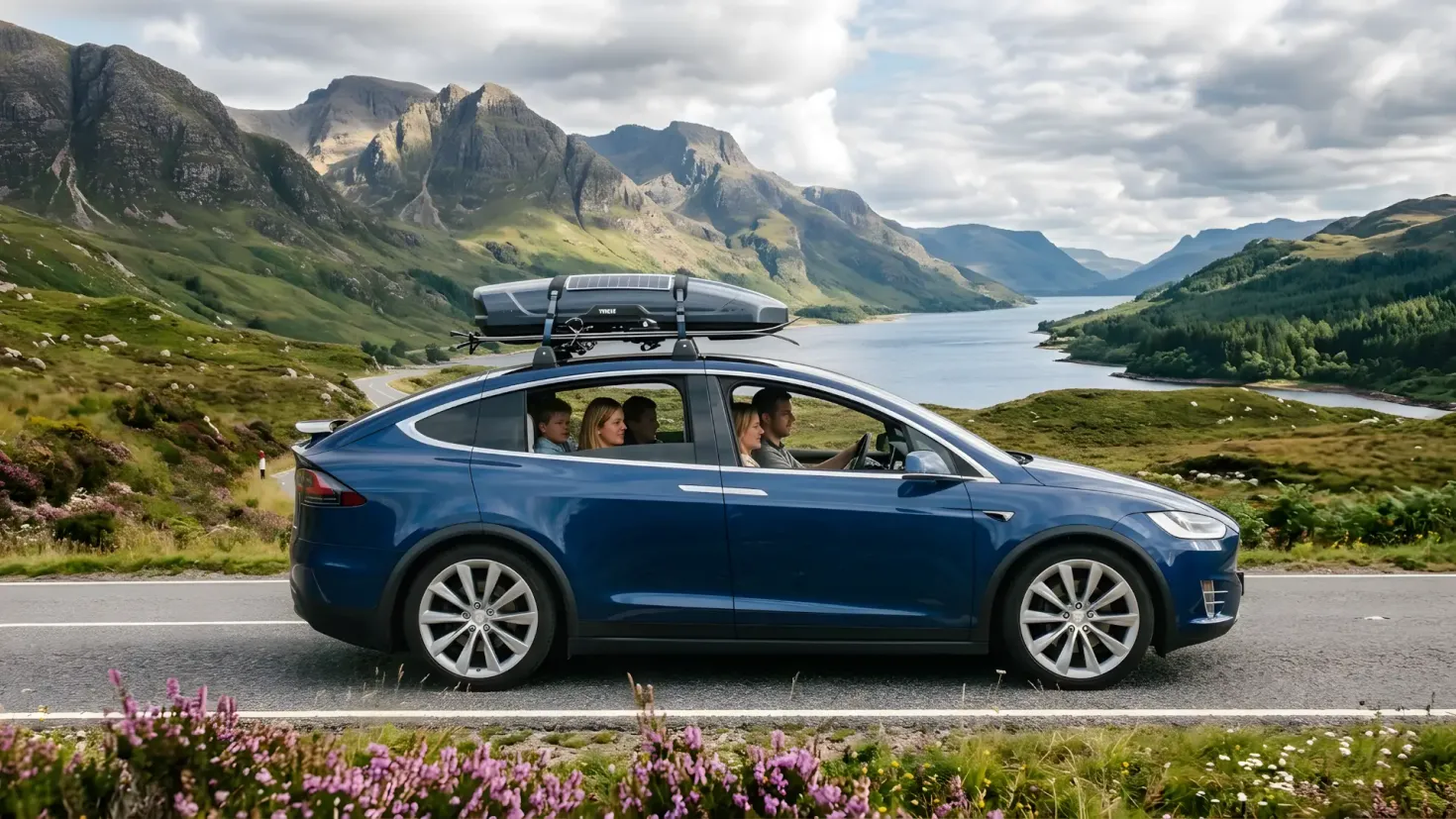 A car with a family inside drives along a winding road through a scenic mountain landscape in the Scottish Highlands.