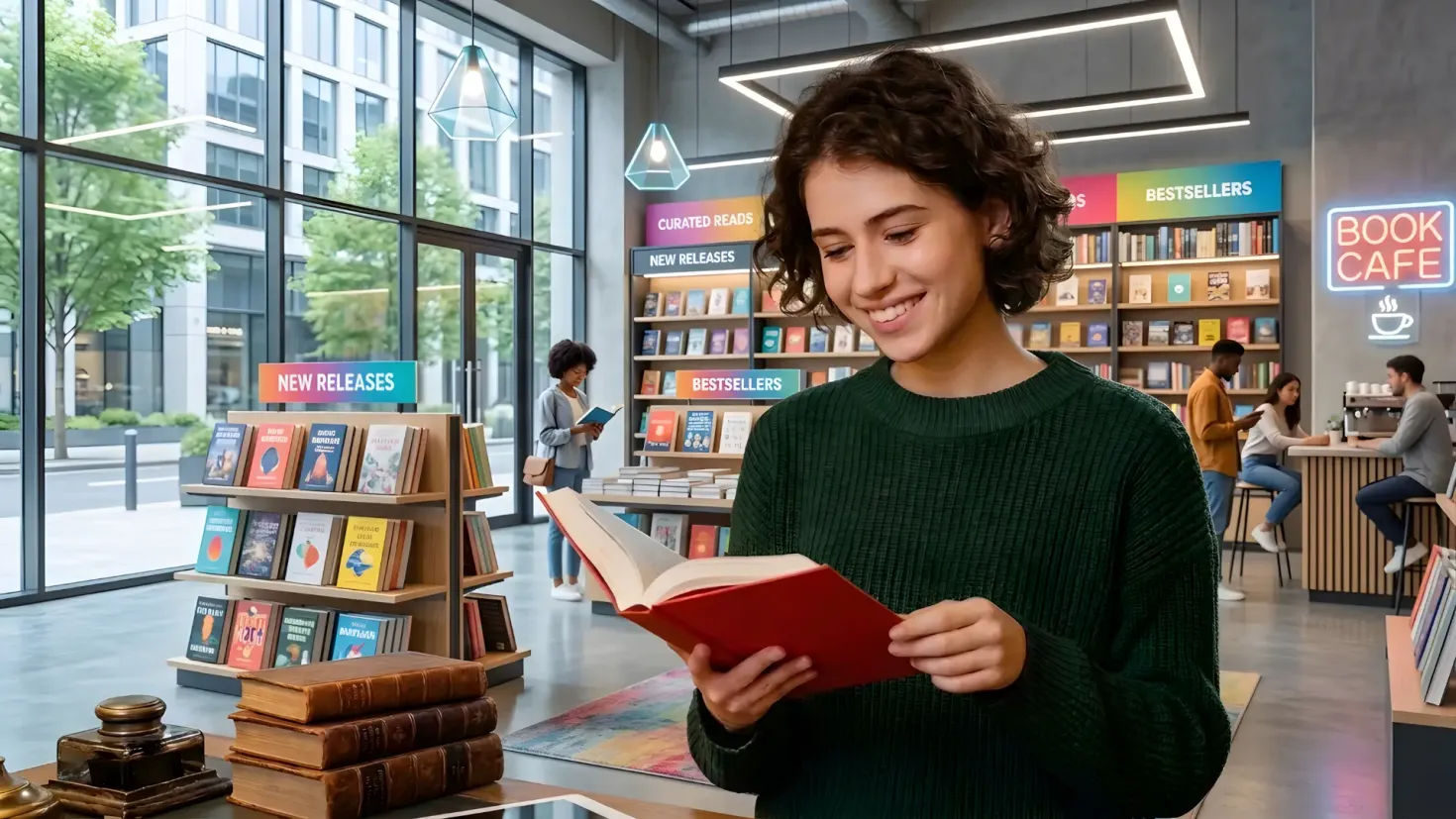 Young woman with short curly hair reading a book in a modern bookstore with bookshelves.