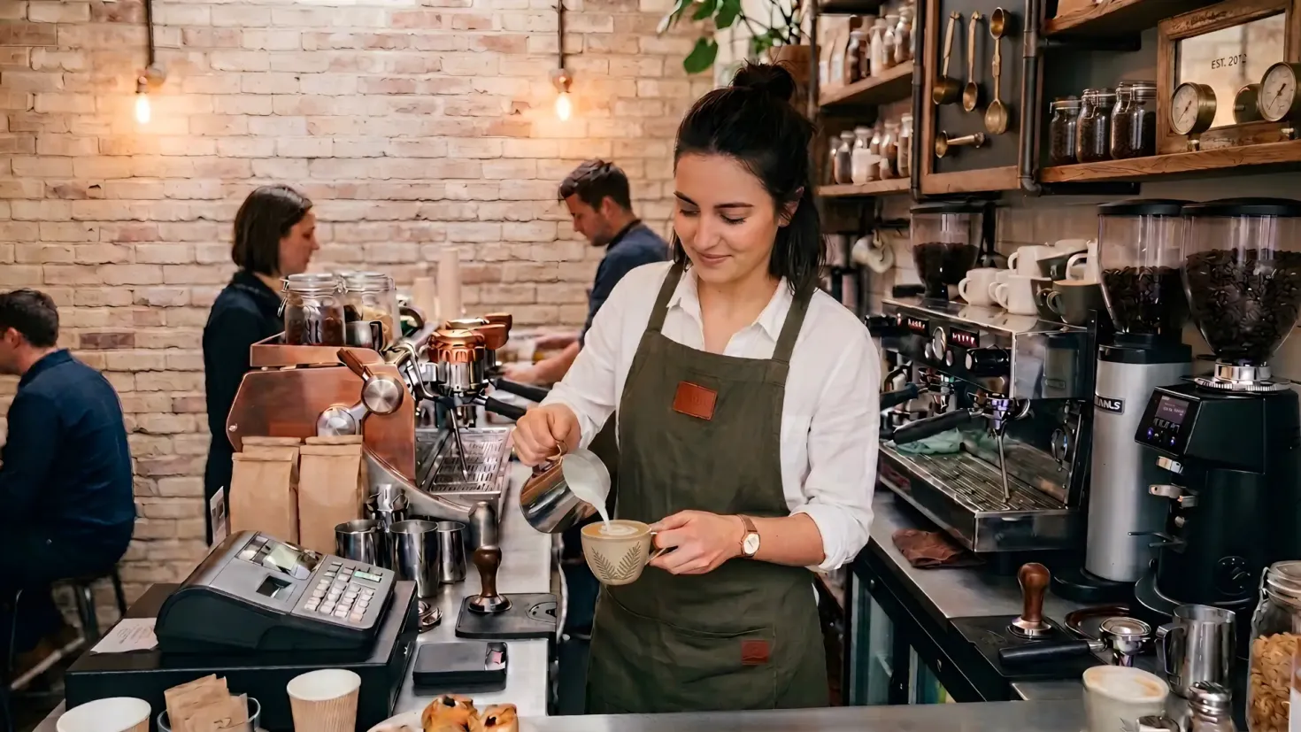 A smiling female barista wearing a green apron makes a latte at a busy, modern coffee shop counter with professional espresso equipment.