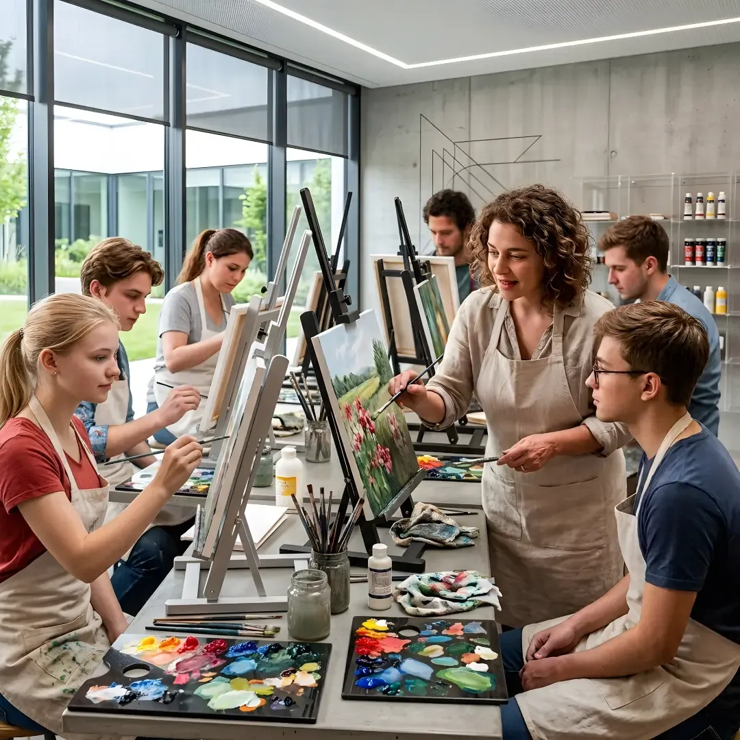 Students in an art class painting in a modern studio.