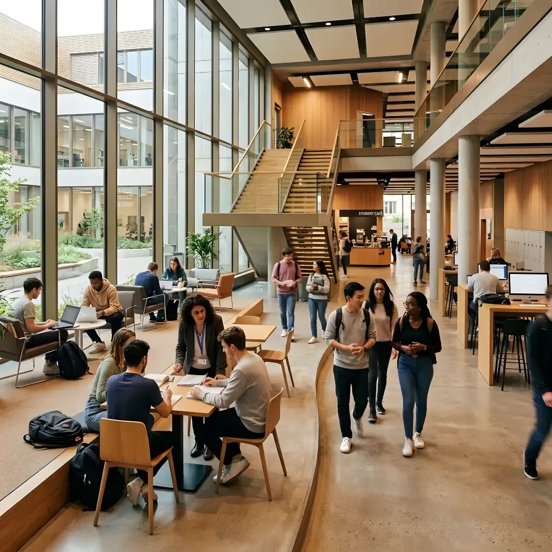 Modern university atrium with students and wooden staircase.
