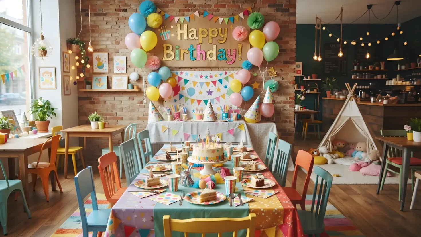 Cozy cafe interior decorated for a children's birthday party with balloons, a banner, a long set dining table, and a play teepee in the background.