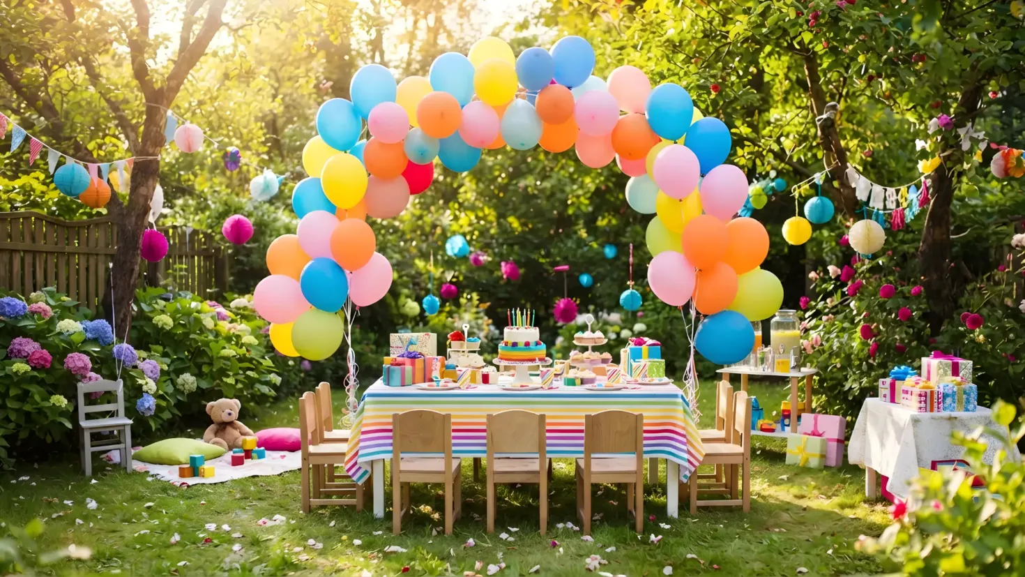 A festive outdoor garden setting prepared for a children's birthday party, featuring a large, colorful balloon arch, a table with a rainbow cake and gifts, and small chairs on a green lawn.