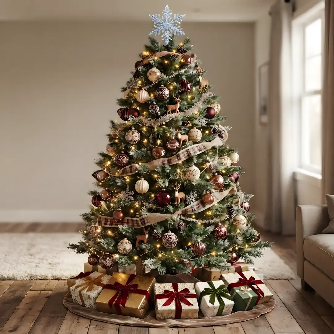 A fully decorated New Year tree in a living room, adorned with warm string lights, brown and gold baubles, miniature reindeer figures, and burlap ribbons, with a collection of wrapped gifts underneath on a velvet tree skirt, and a large, illuminated snowflake topper.