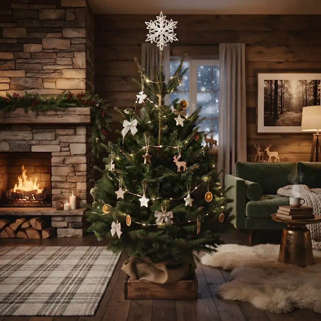 A cozy living room cabin interior centered around a decorated New Year tree in a wooden crate, with a rustic stone fireplace on the left, a window with falling snow, a green velvet sofa, and a sheepskin rug on the right.