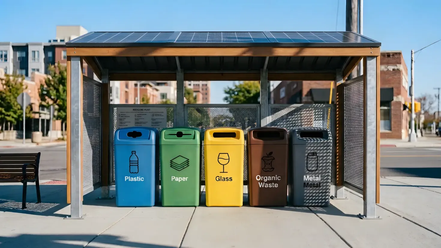 A row of five colorful recycling bins under a solar-paneled shelter on a city sidewalk. The bins are labeled and iconed for: Plastic (blue), Paper (green), Glass (yellow), Organic Waste (brown), and Metal (grey).