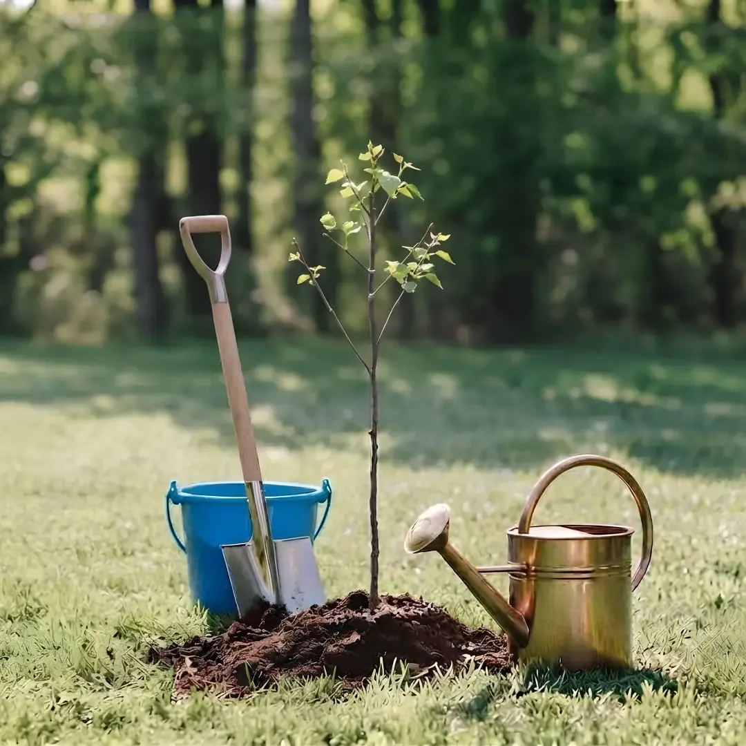 Young birch tree sapling newly planted in a mound of dark soil in a grassy area, with a blue bucket, silver shovel, and copper watering can beside it, in front of a blurred forest background.