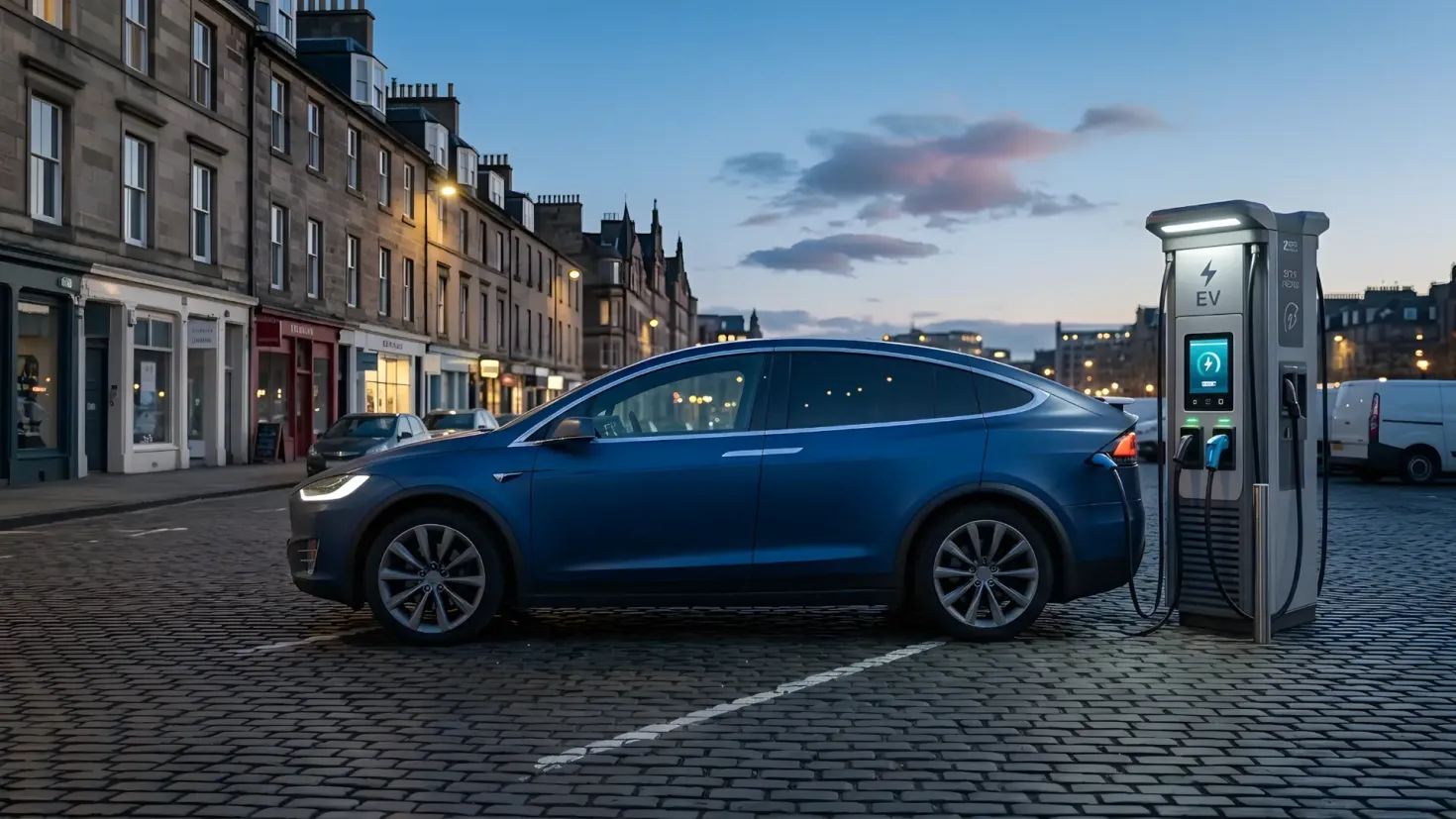 A blue electric SUV parked on a cobblestone street at dusk, connected to a modern charging station in a city.