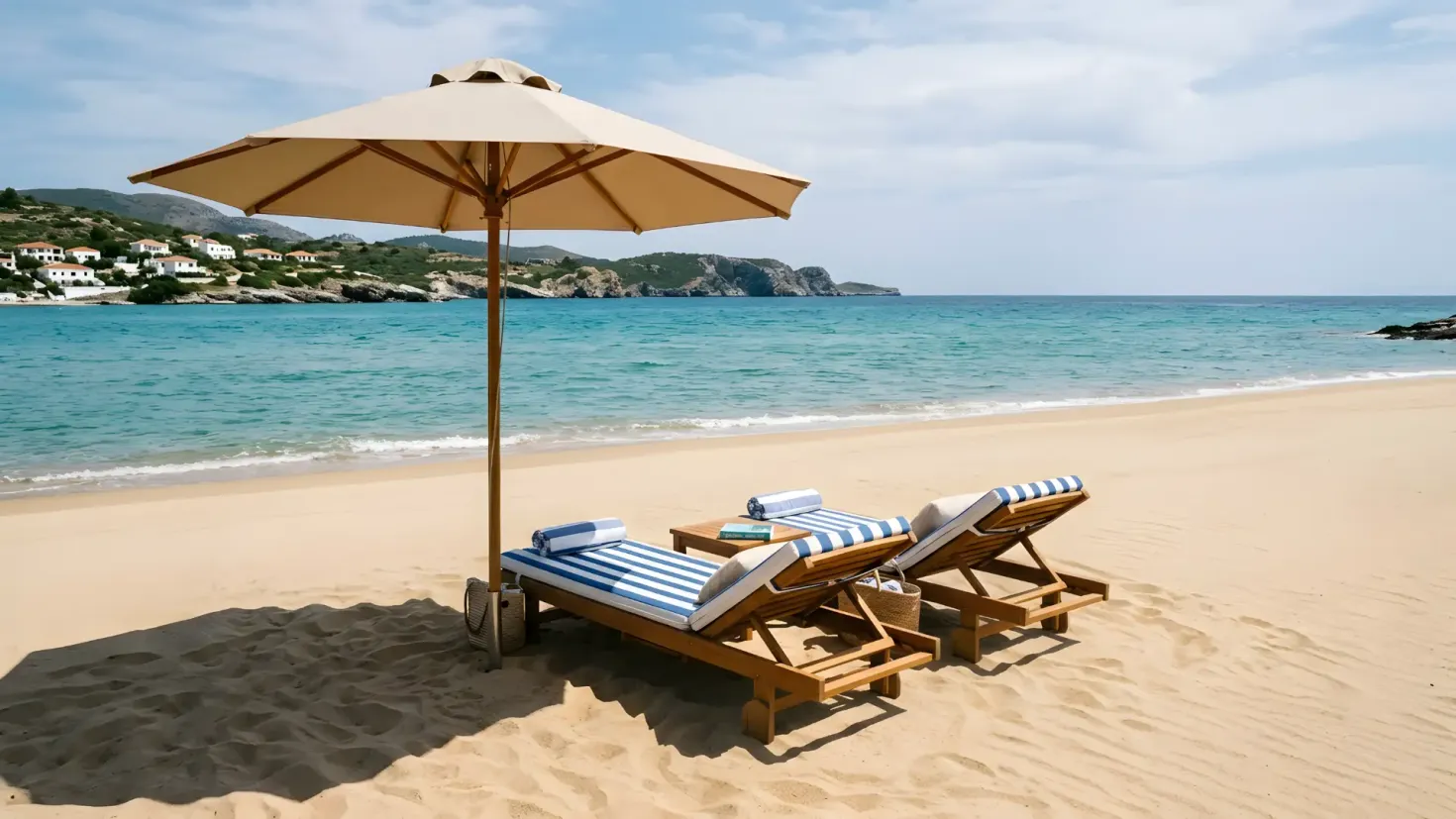 A tranquil, empty sandy beach with two wooden sun loungers under a large beige umbrella casting shade, with a single book resting on a small side table and clear turquoise ocean water in the background.