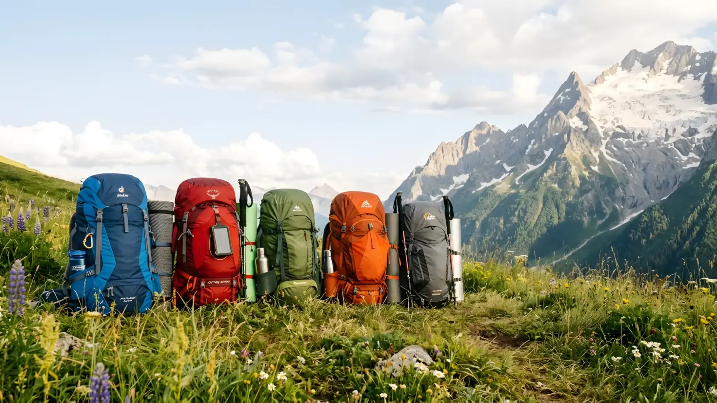 Five colorful hiking backpacks with gear lined up in a grassy alpine meadow, with majestic snow-capped mountain peaks on the right.