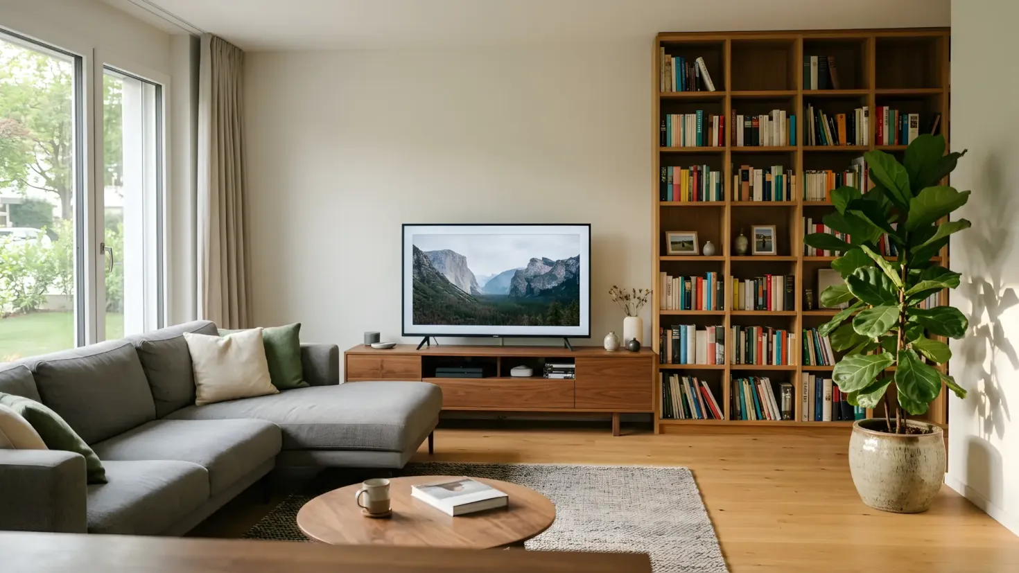 A modern living room in Zürich, featuring a grey sofa, a wood-shelved library, and a large Fiddle Leaf Fig tree.