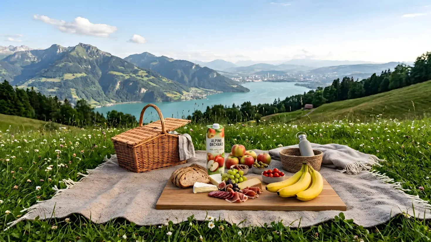 Picnic setup on a mountain with a lake view.
