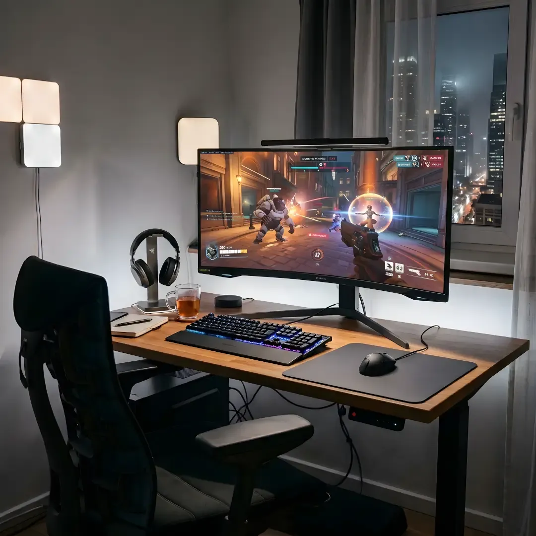 Winston and Tracer gameplay on Overwatch, ultrawide monitor setup, with city view.