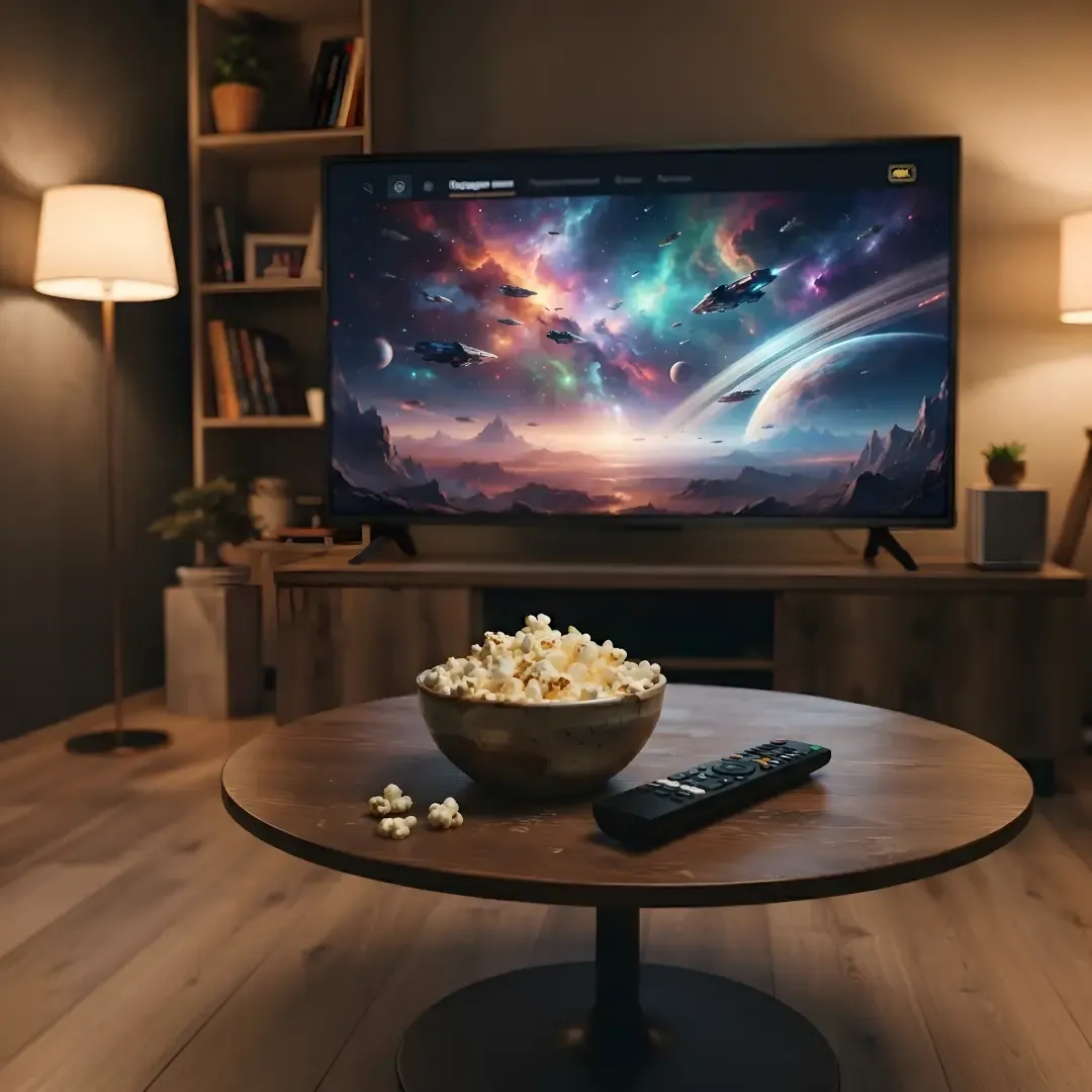 Cozy living room setup featuring a modern television playing a sci-fi movie, with a bowl of popcorn and a remote control on a round wooden coffee table.