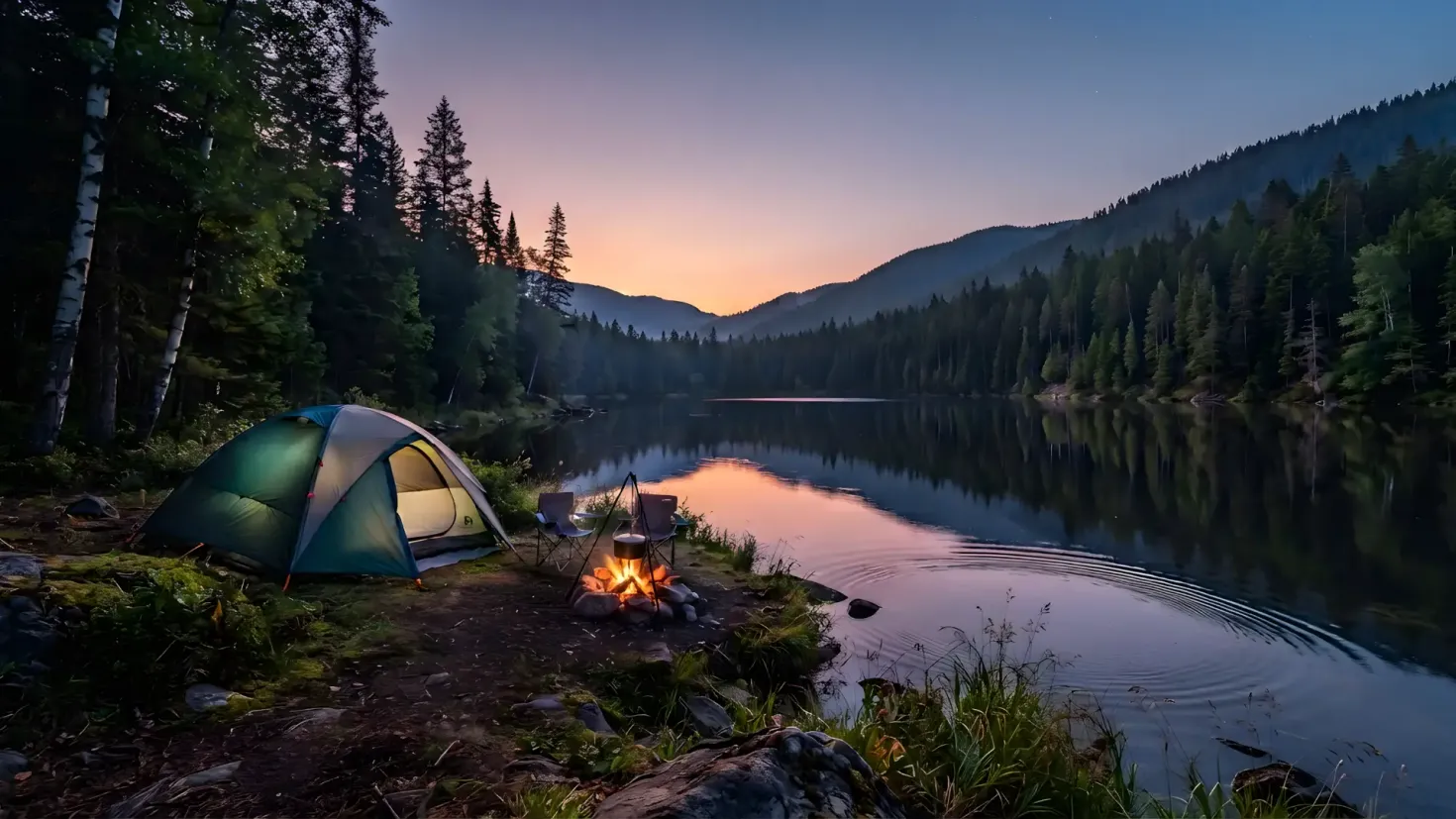 Campsite at a wilderness lake with tent and campfire at sunset.