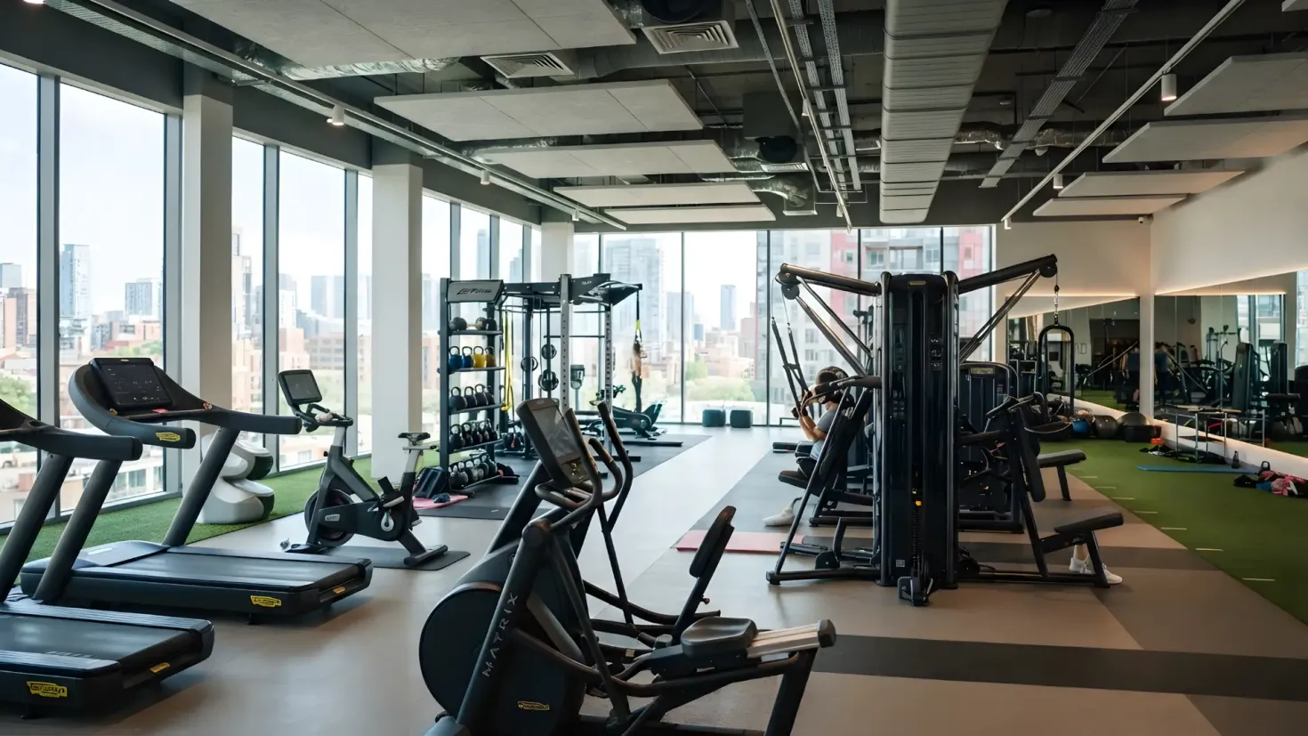 Modern sunlit gym with city view, treadmills, and strength equipment.