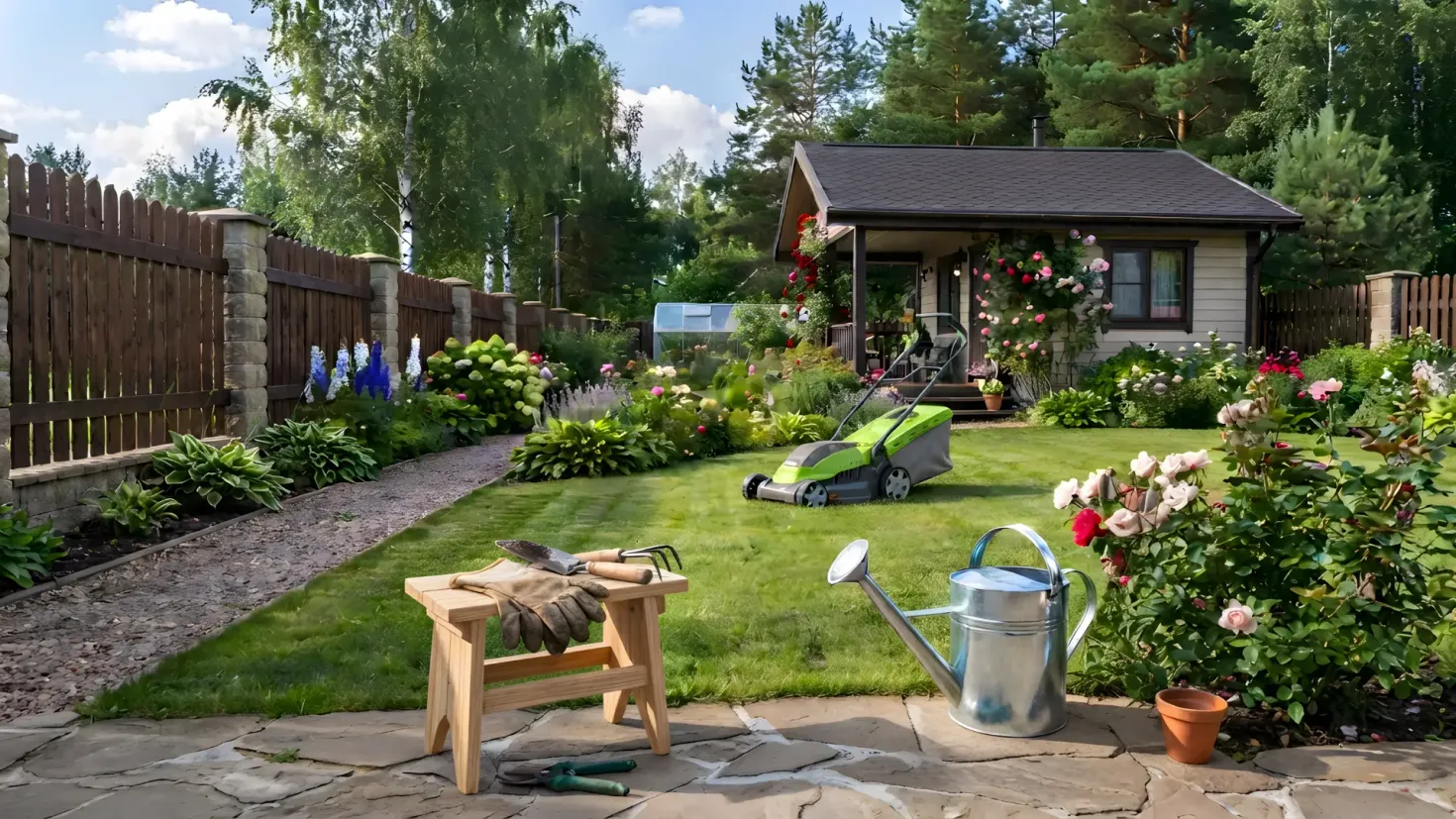 A well-maintained dacha garden featuring a wooden cottage, green lawnmower, gravel path, and flower beds with roses, hostas, and hydrangeas.