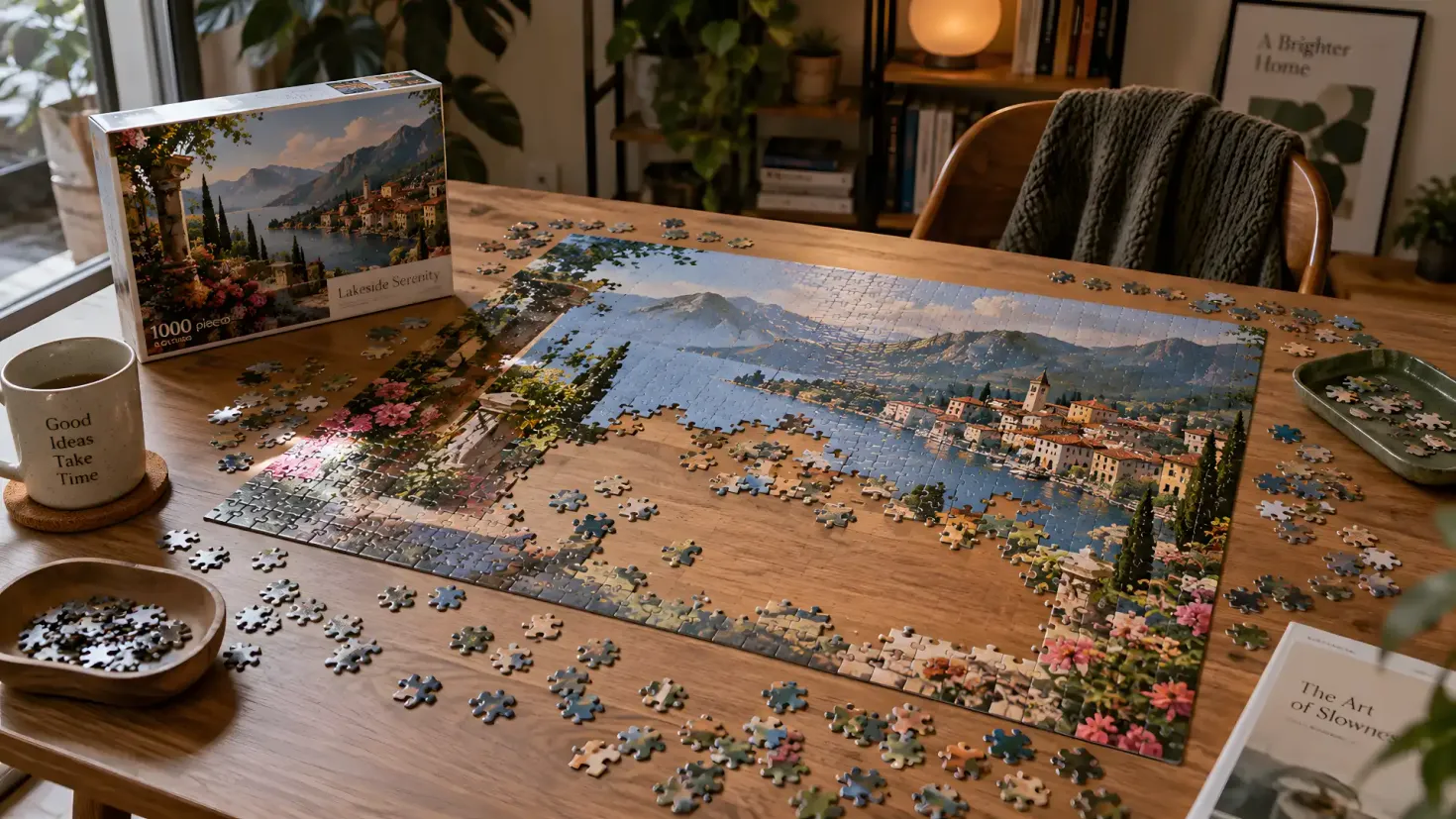Partially completed jigsaw puzzle with loose pieces and a puzzle box on a wooden table.