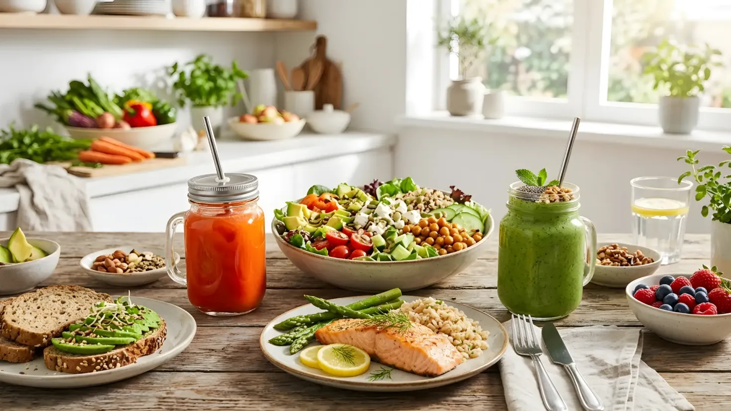 Healthy balanced meal spread on a wooden table featuring grilled salmon, quinoa, asparagus, fresh salad, smoothies, and avocado toast.