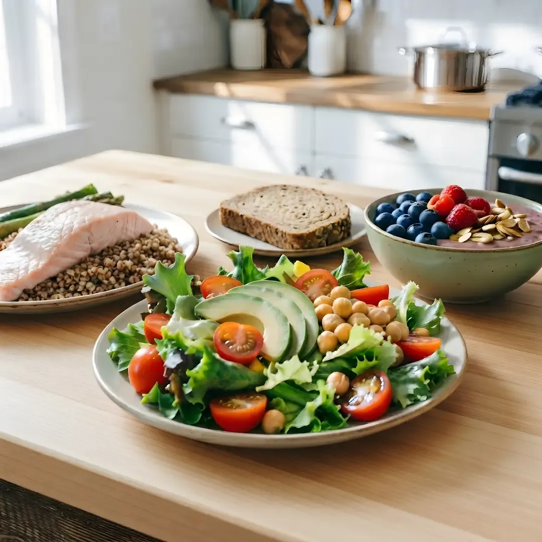 A healthy, balanced meal on a light wooden kitchen counter, featuring a fresh chickpea and avocado salad, a plate of salmon with quinoa and asparagus, a slice of whole-grain bread, and a berry-almond smoothie bowl.