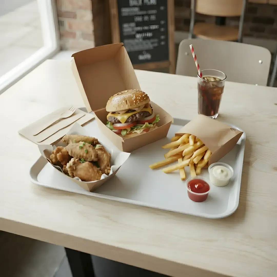 A fast-food meal on a light wooden table, including a double cheeseburger in a clean open brown paper box, a portion of french fries in a paper sleeve, chicken wings in a cardboard tray, a glass of cola with a red and white striped straw, and two small dips of ketchup and mayonnaise on a white tray.