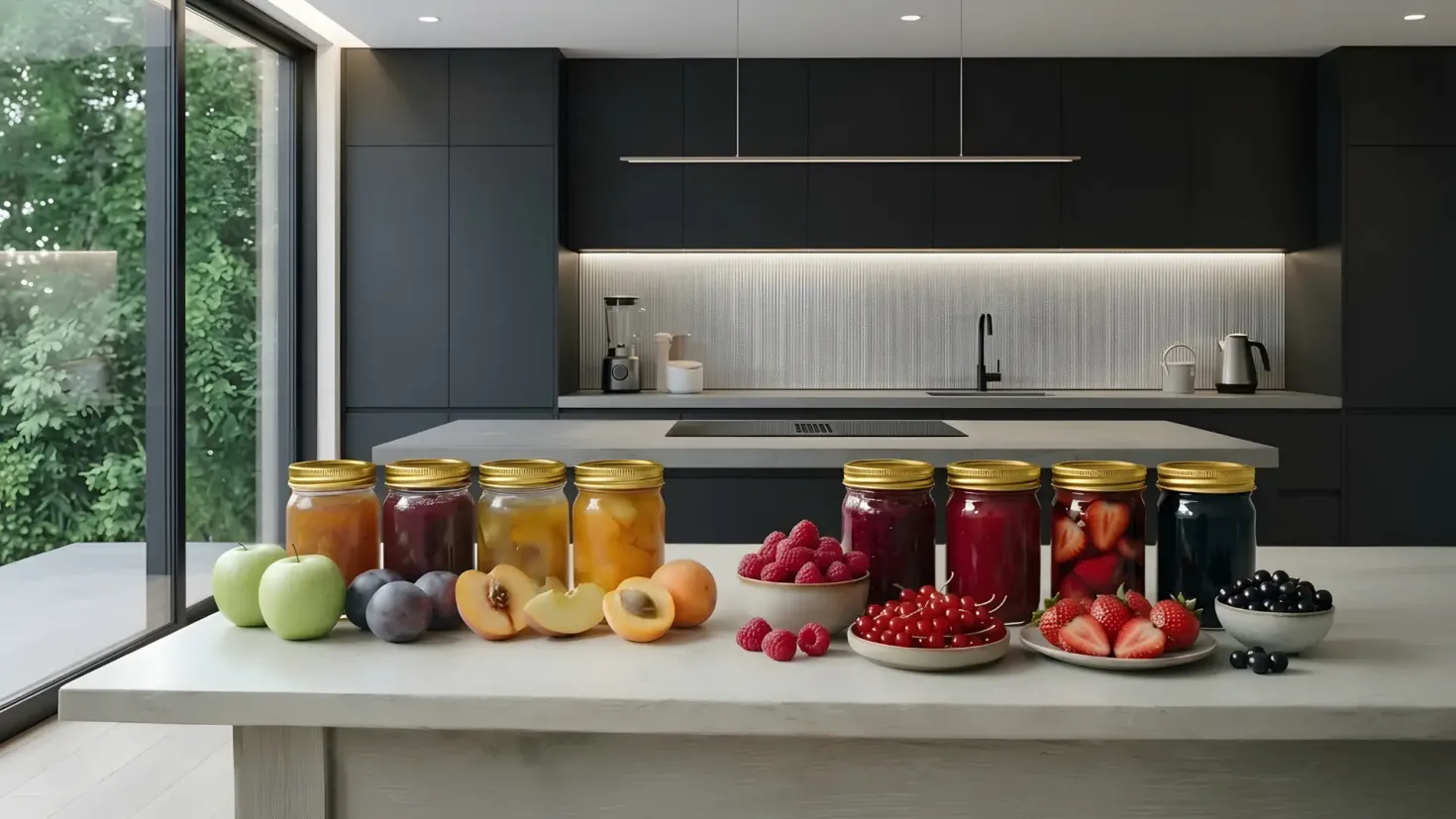 Eight glass jars of homemade fruit and berry jam with gold lids on a modern kitchen counter, surrounded by fresh fruits and berries.