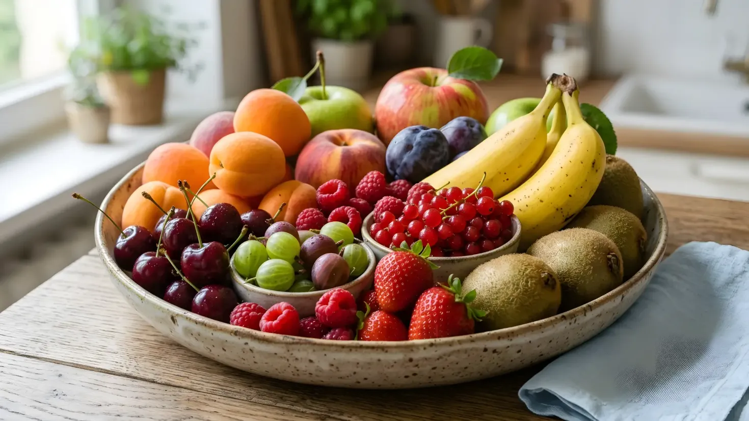 Large ceramic bowl filled with a colorful assortment of fresh mixed fruits including bananas, apricots, apples, kiwis, and berries on a table.