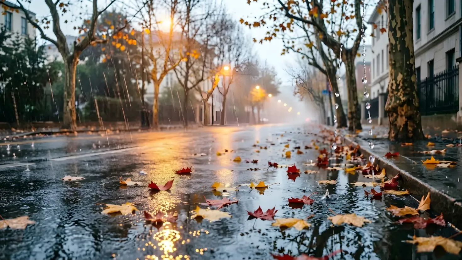 Rainy autumn street with visible raindrops, wet asphalt, fallen leaves, and glowing streetlights reflecting in puddles.