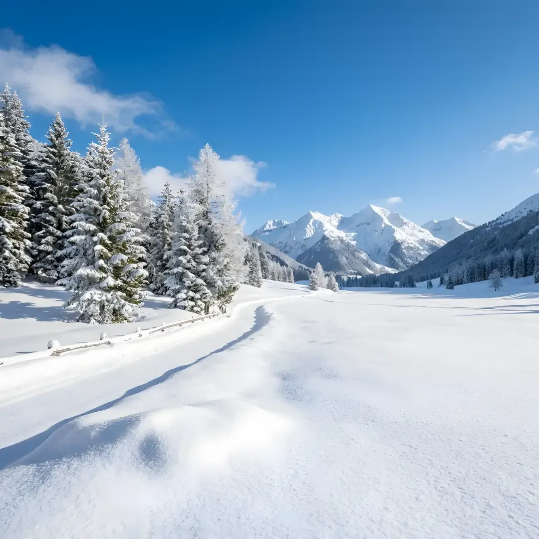 A pristine, empty winter landscape on a bright sunny day, featuring deep snowfields, snow-covered evergreen trees, and majestic mountains under a clear blue sky.