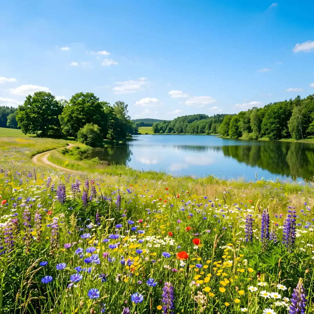 Idyllic summer landscape featuring a calm lake and a vibrant meadow of colorful wildflowers under a sunny blue sky.