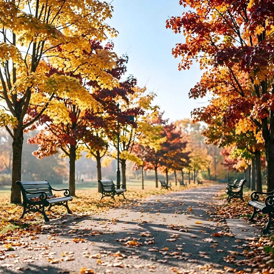 Autumn park alley with colorful trees, wooden benches, and fallen leaves on a sunny day.