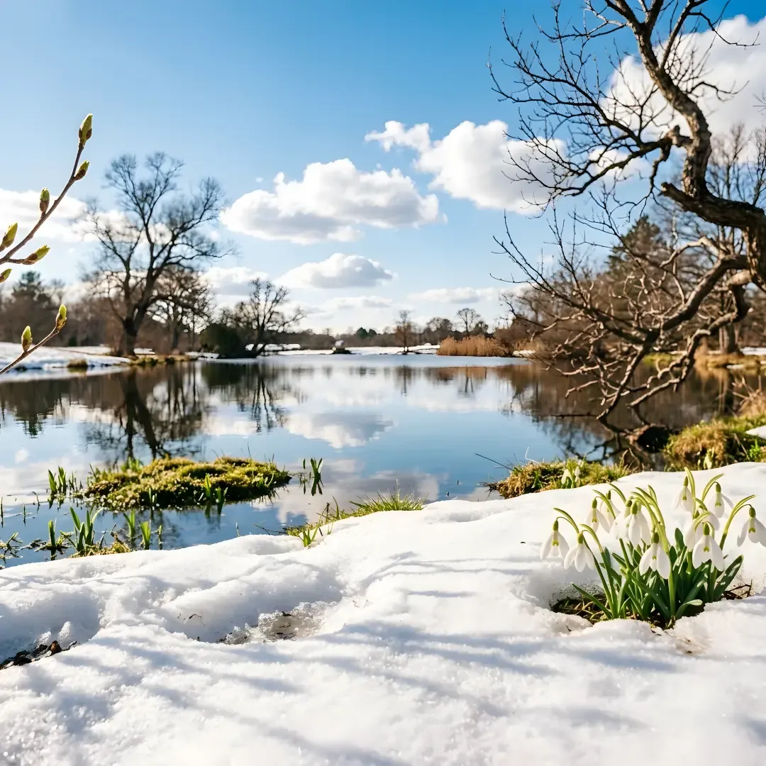 Early spring landscape with white snowdrops blooming through melting snow near a calm lake with bare trees.