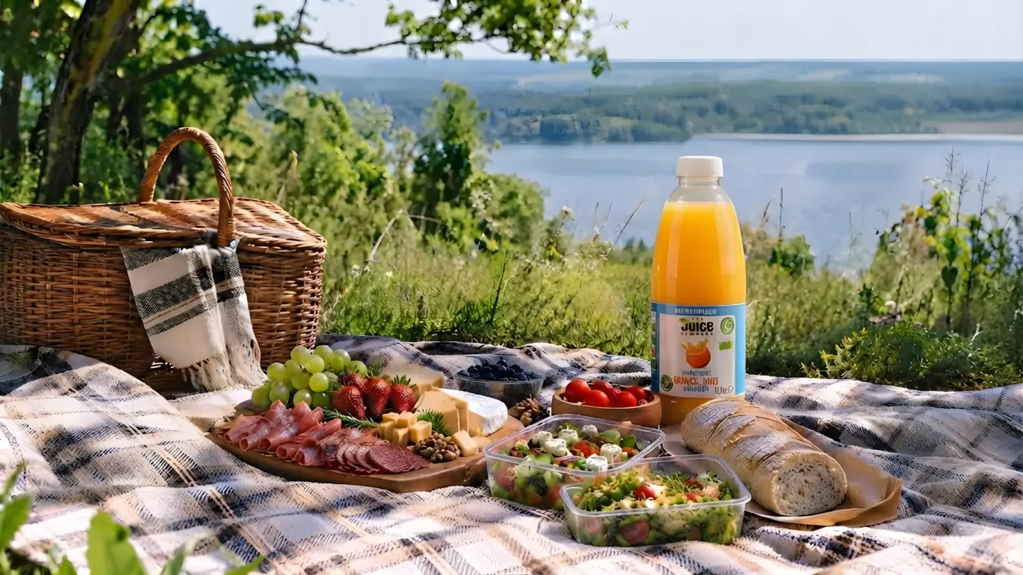 Outdoor picnic lunch by a lake with sliced cheese, charcuterie, fresh fruit, salads, bread and orange juice.
