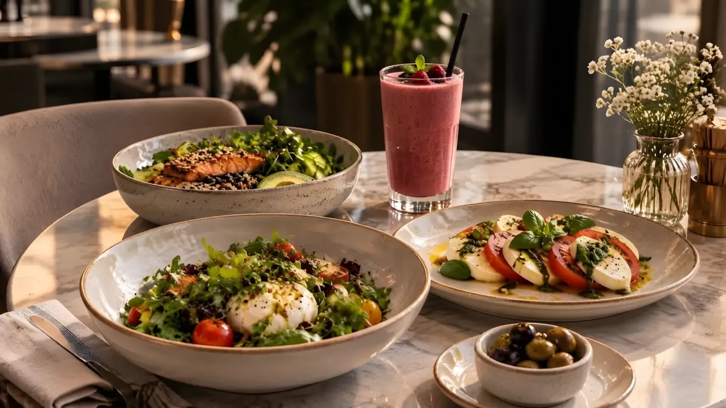 Dining scene on a marble table with two large salad bowls, Caprese salad, a glass of pink smoothie, and baby’s breath flowers in a restaurant setting.