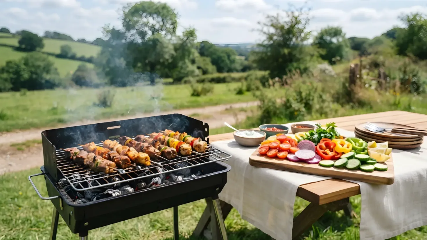 Summer BBQ: Grilled kebabs and fresh vegetable platter on a picnic table outdoors.