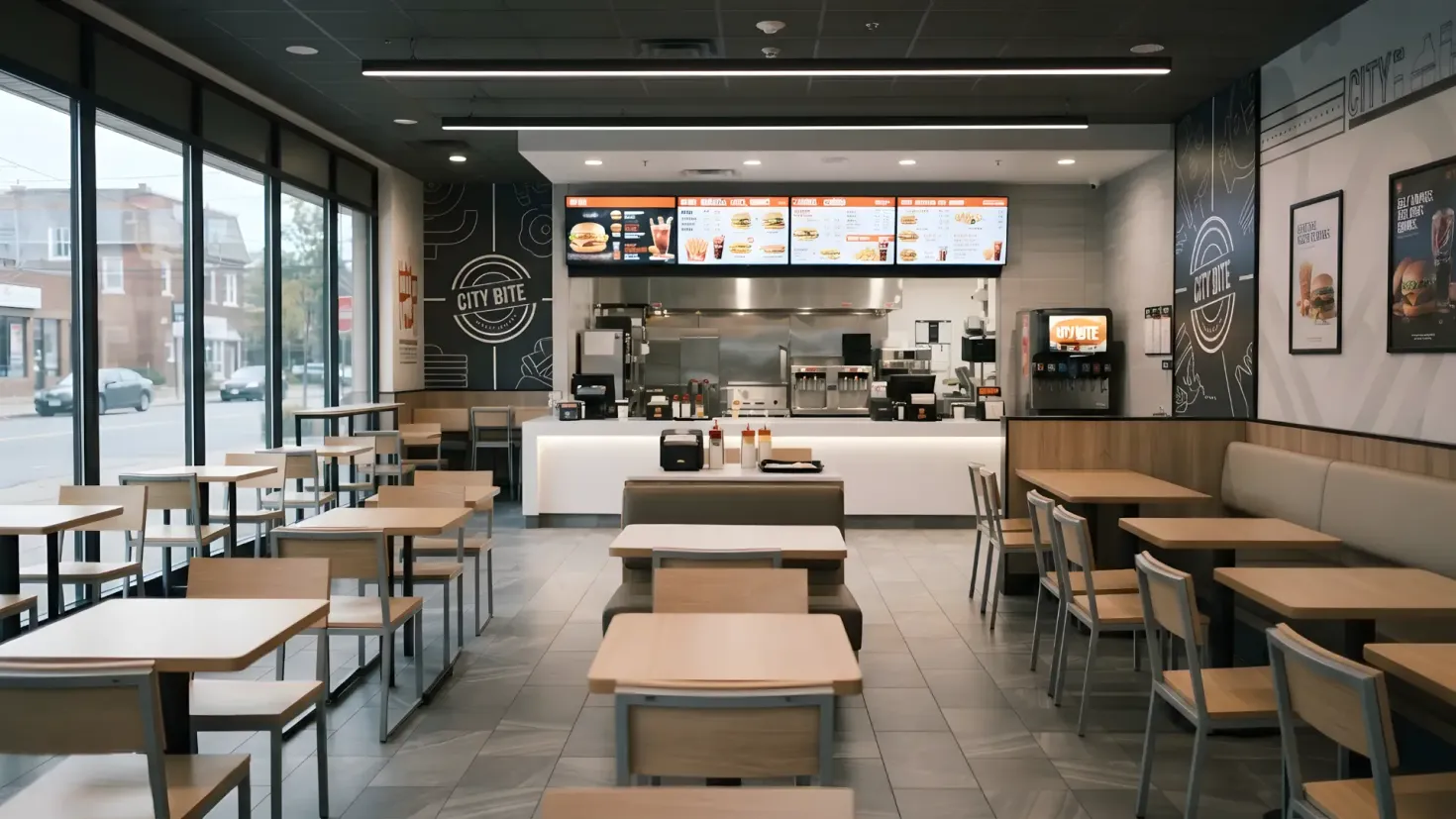 Fast food restaurant interior without people.