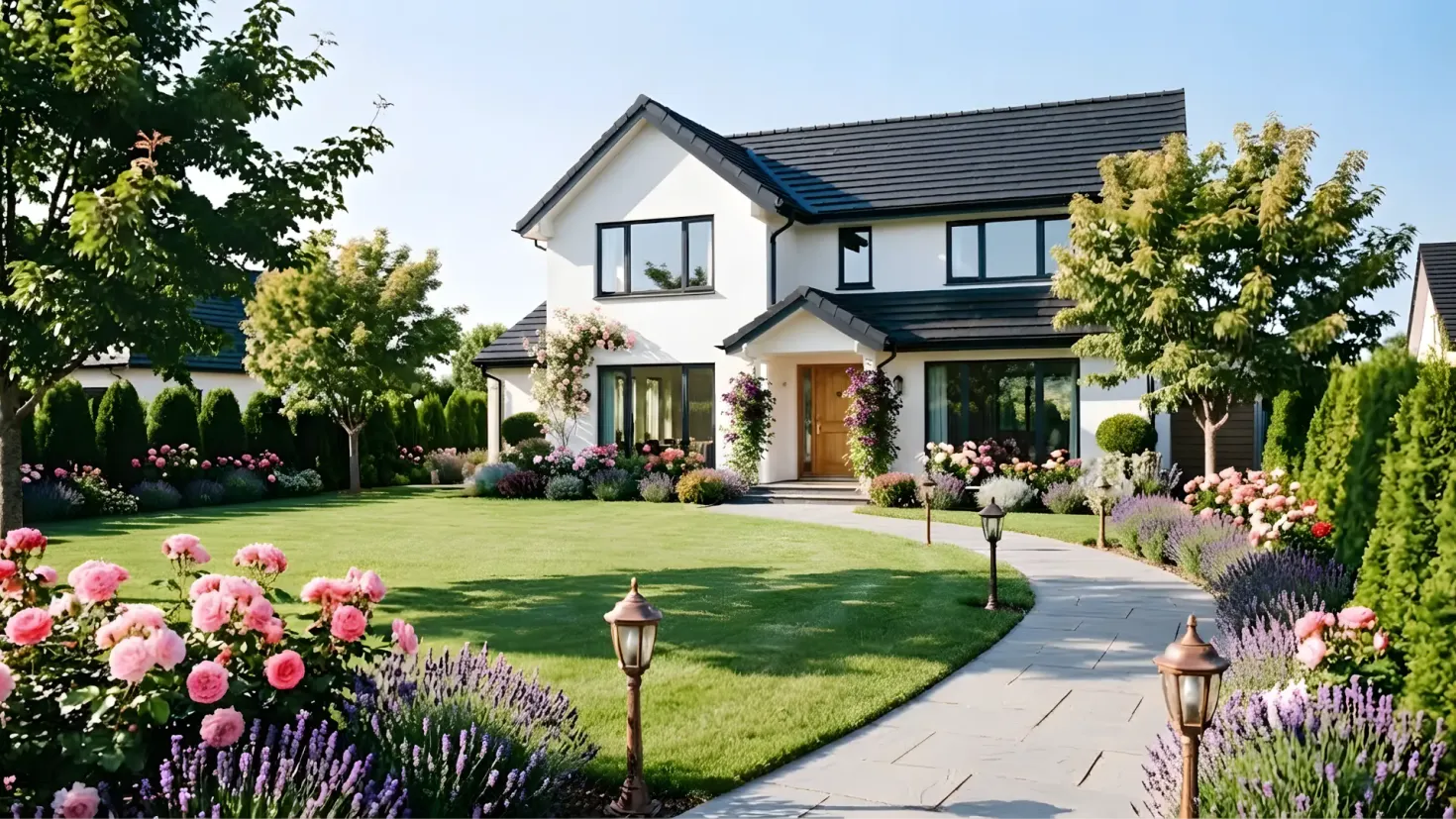 Contemporary two-story white home with black window frames, a lush lawn, winding stone path, pink roses, and lavender on a sunny day.