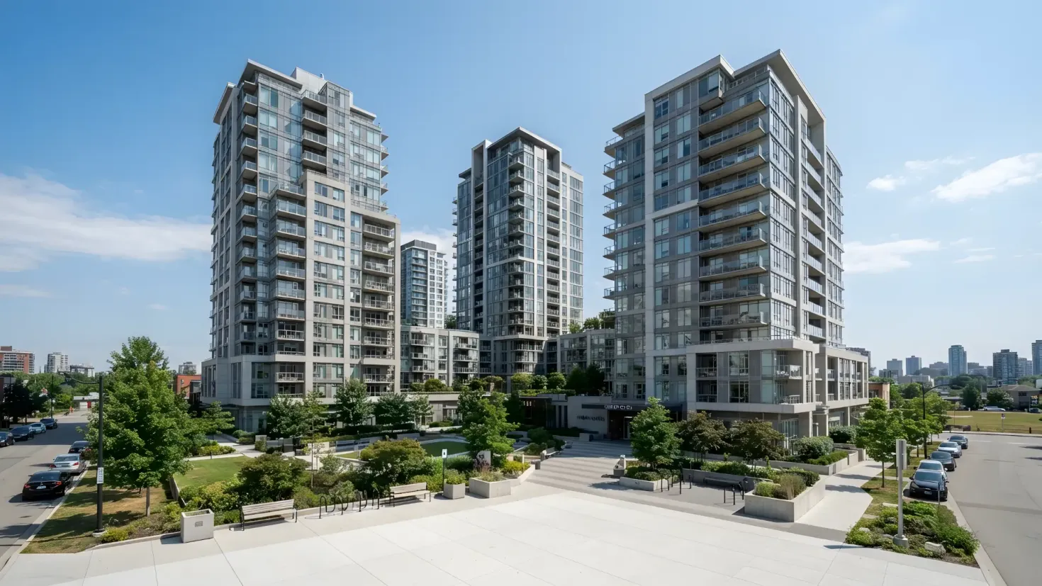 Contemporary high-rise residential buildings with street and landscaping.
