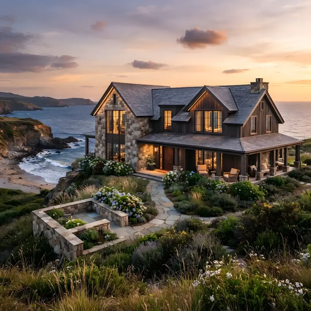 Luxury coastal stone and wood house on a cliff overlooking the ocean at sunset with a winding stone path and garden.