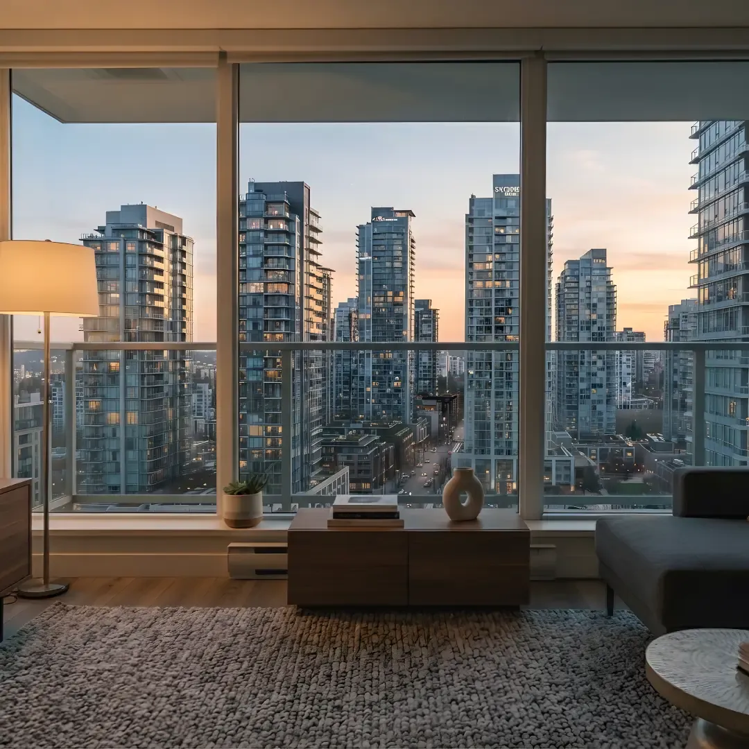 Modern luxury apartment living room with floor-to-ceiling windows overlooking a dense city skyline at sunset.