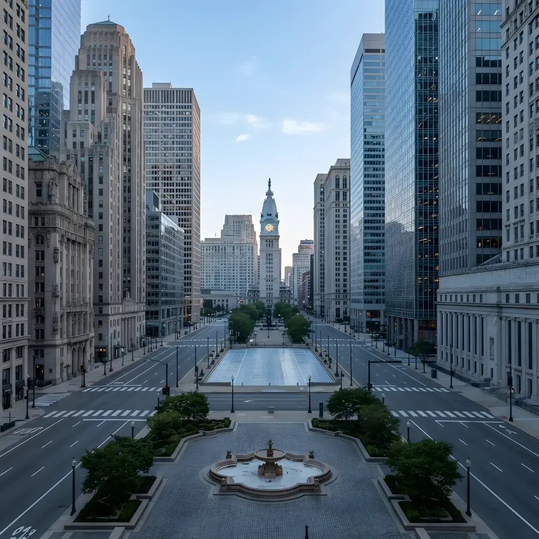 Aerial view of Philadelphia City Hall and Benjamin Franklin Parkway skyline at sunrise.