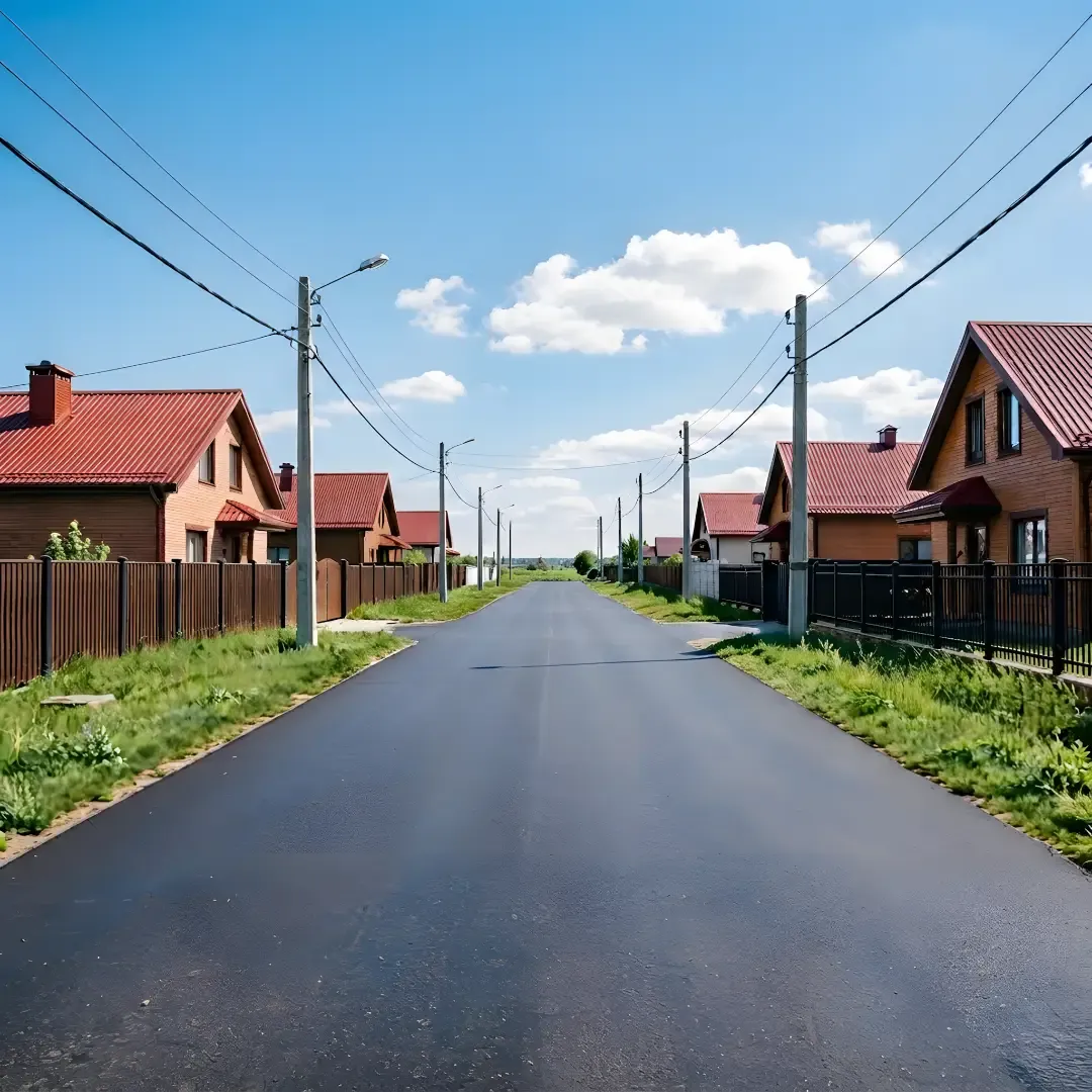 Modern country houses with red roofs along a paved road in a suburban cottage community, rural landscape.