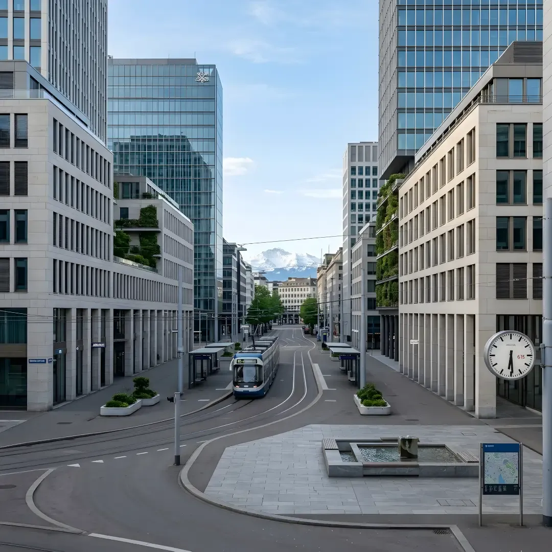 Modern cityscape featuring contemporary office buildings, a tram line, public plaza, and snow-capped mountain peaks.
