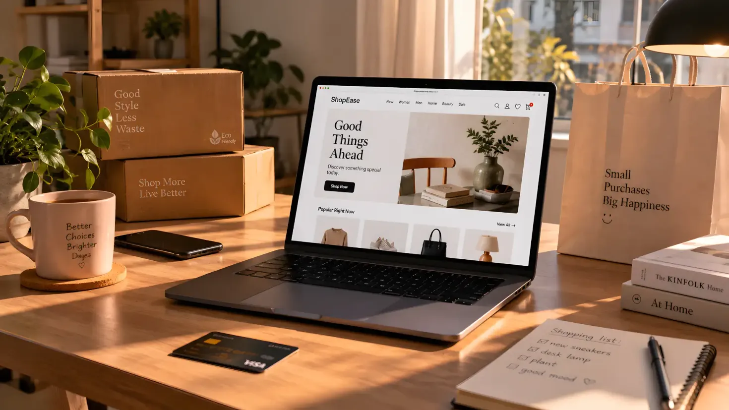 Laptop displaying an online store with packages and shopping items on a desk.