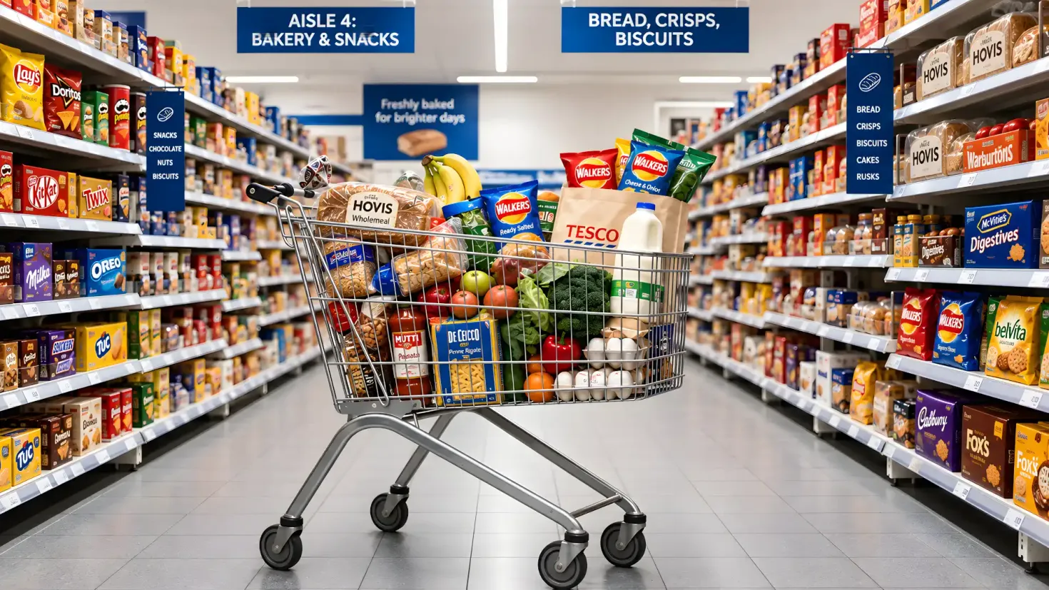 Shopping cart filled with groceries in a British supermarket aisle, with stocked shelves, bakery and snack products, and overhead aisle signs in the background.