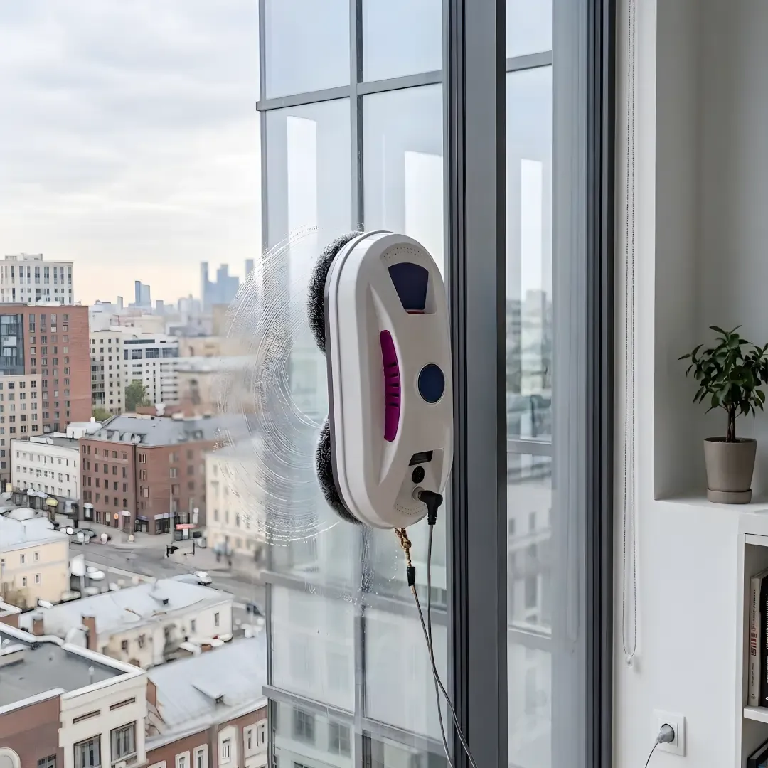 Robotic window cleaner on modern glass leaves wet trails. Through the glass is a city skyline. Inside, a potted plant and power outlet are visible.