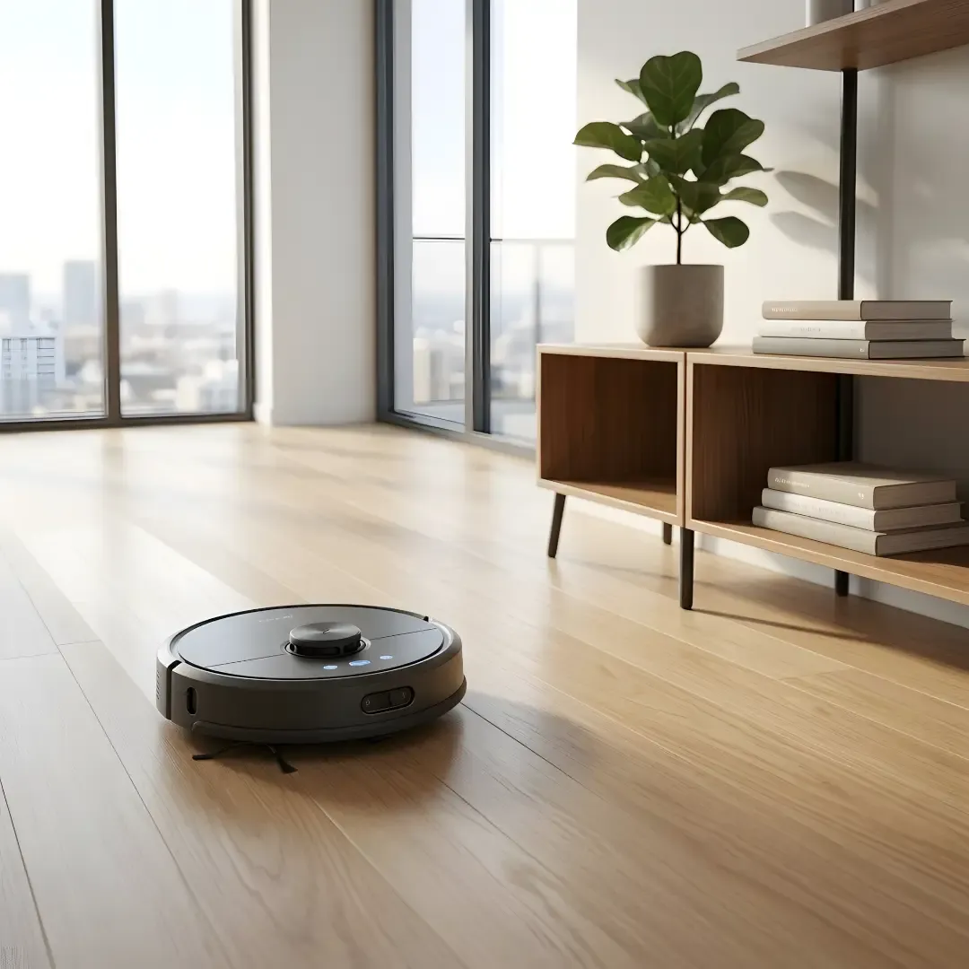 Black robot vacuum cleaner cleaning light wooden floor in modern living room.