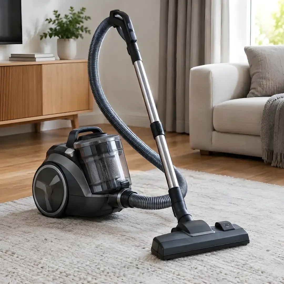 A dark gray canister vacuum cleaner standing on a light-colored rug in a living room, with a sofa and wooden cabinet in the background.