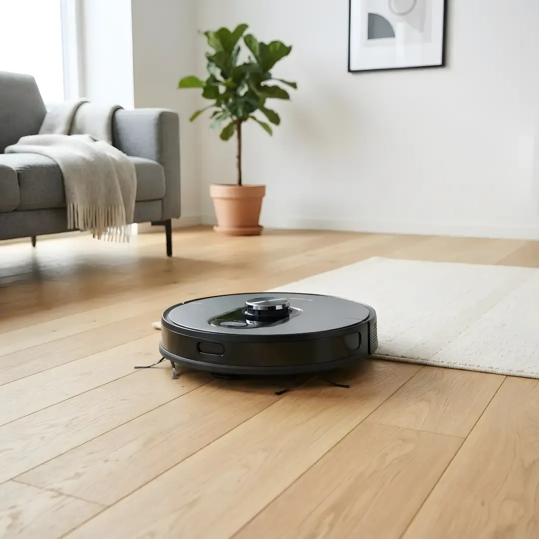 A modern robotic vacuum cleaner on a wooden floor in a bright living room, with a sofa and potted plant in the background.